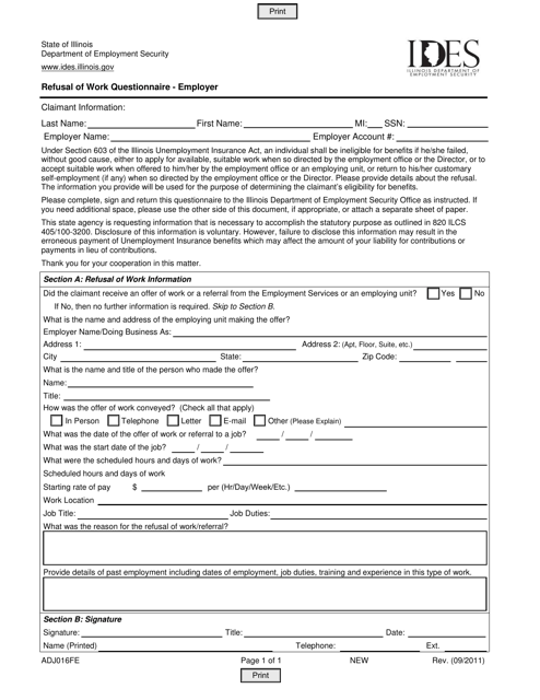 Form ADJ016FE Refusal of Work Questionnaire - Employer - Illinois