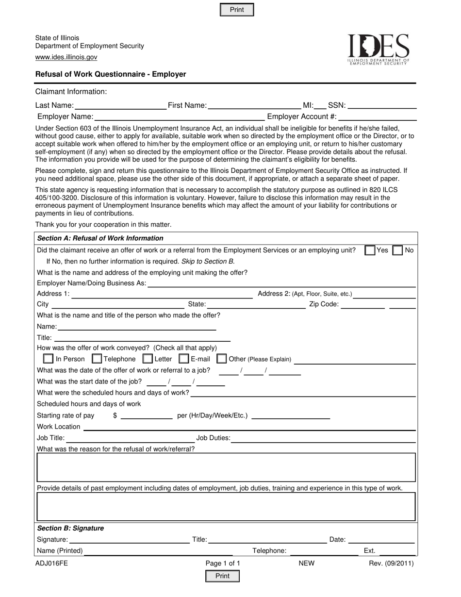 Form ADJ016FE Refusal of Work Questionnaire - Employer - Illinois, Page 1