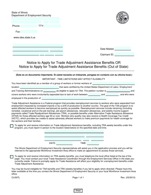 Form CLI007L Notice to Apply for Trade Adjustment Assistance Benefits or Notice to Apply for Trade Adjustment Assistance Benefits (Out of State) - Illinois