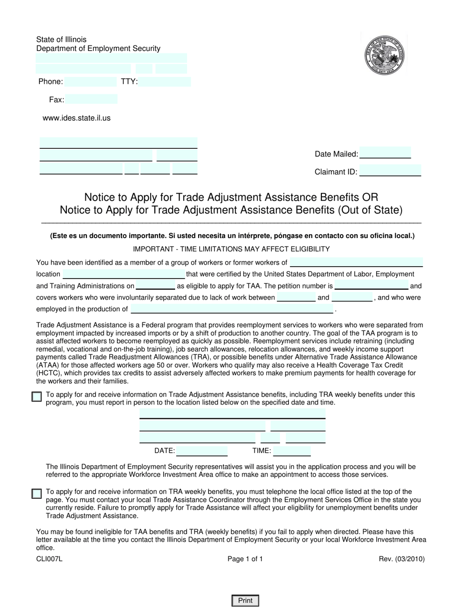 Form CLI007L Notice to Apply for Trade Adjustment Assistance Benefits or Notice to Apply for Trade Adjustment Assistance Benefits (Out of State) - Illinois, Page 1