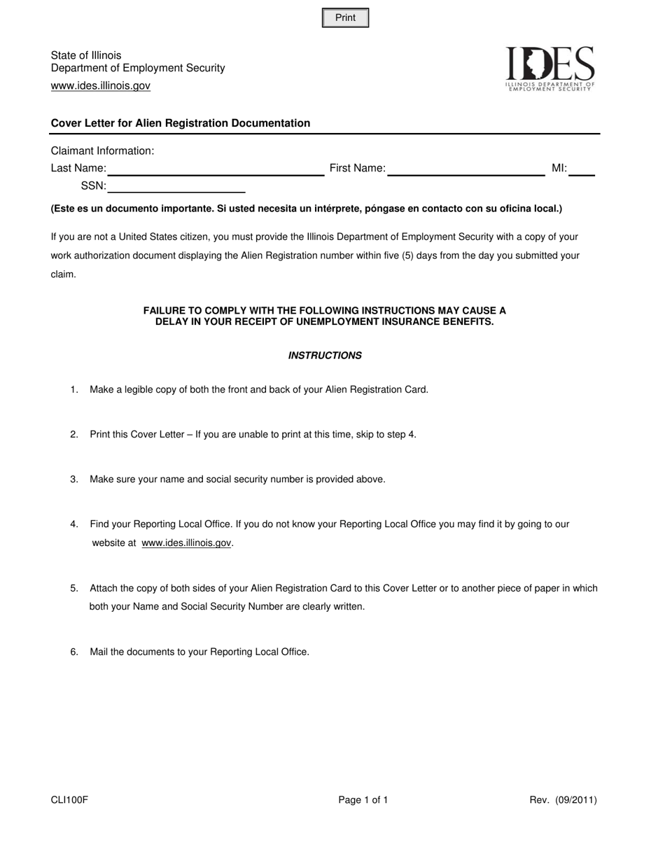 Form CLI100F Cover Letter for Alien Registration Documentation - Illinois, Page 1