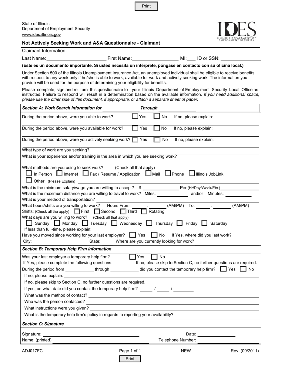 Form ADJ017FC Not Actively Seeking Work and aa Questionnaire - Claimant - Illinois, Page 1