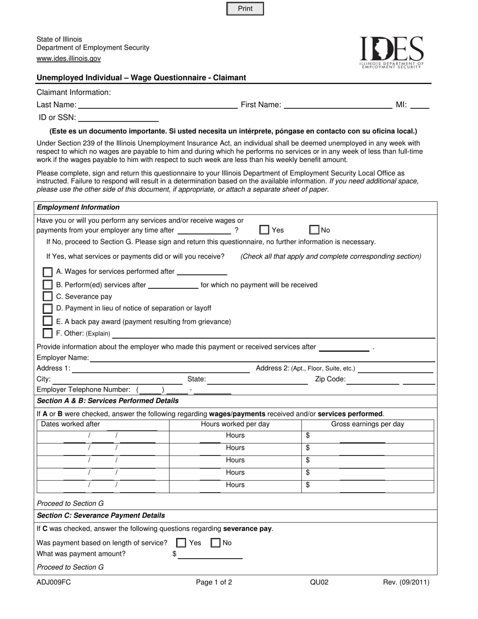 Form ADJ009FC Unemployed Individual - Wage Questionnaire - Claimant - Illinois, Page 1