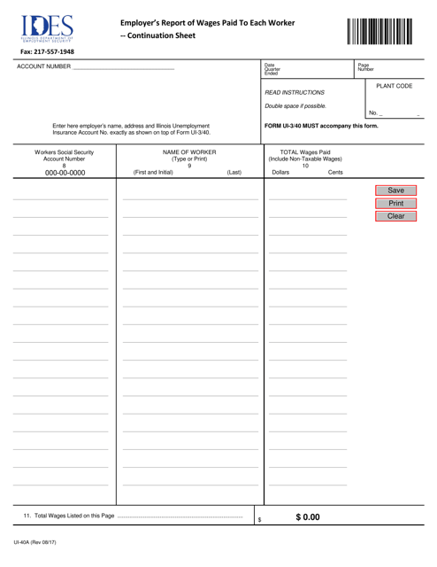 Form UI-40A Employer's Report of Wages Paid to Each Worker - Continuation Sheet - Illinois