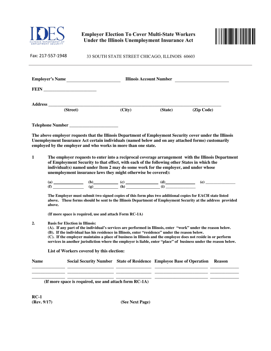 Form RC-1 Employer Election to Cover Multi-State Workers Under the Illinois Unemployment Insurance Act - Illinois, Page 1
