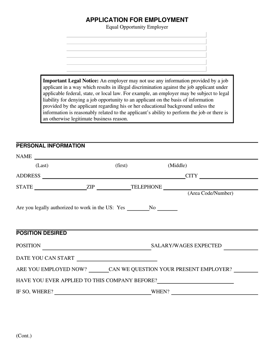 Application for Employment - Equal Opportunity Employer Form - Illinois, Page 1