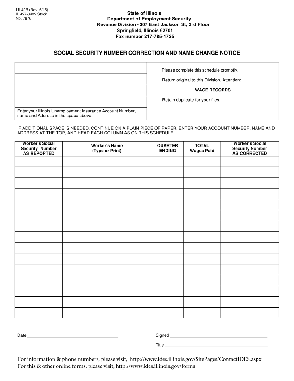 Form UI-40B Social Security Number Correction and Name Change Notice - Illinois, Page 1