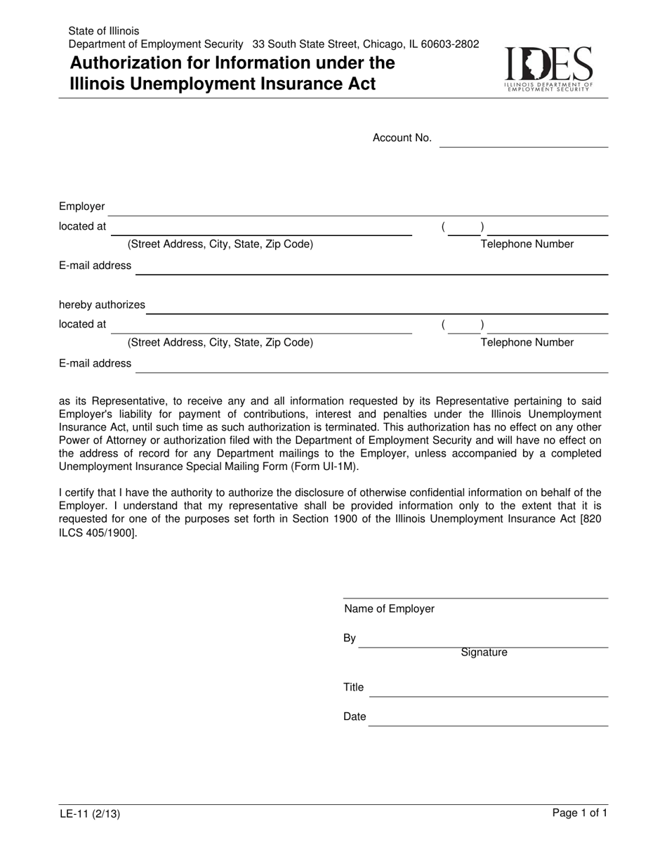 Form LE-11 Authorization for Information Under the Illinois Unemployment Insurance Act - Illinois, Page 1