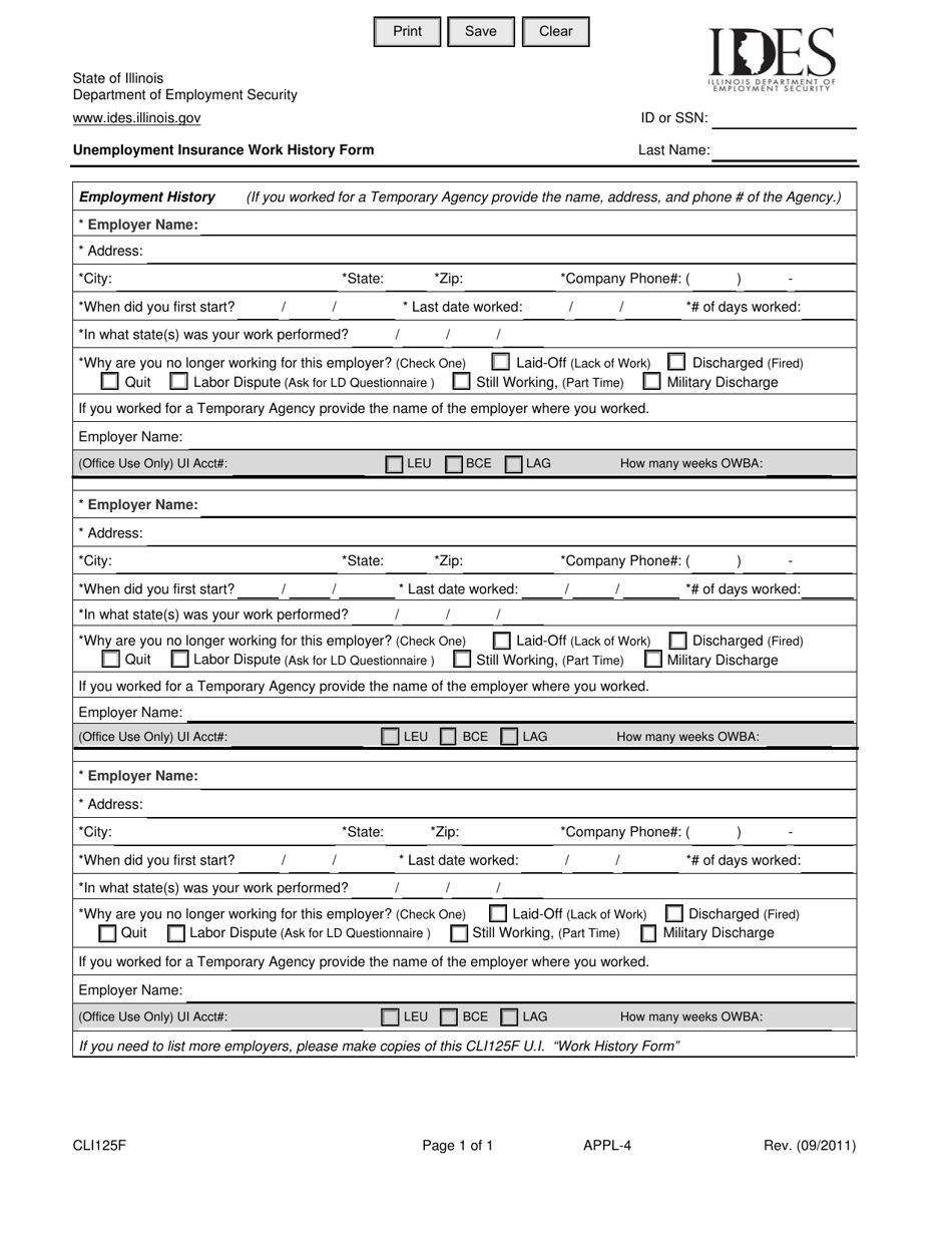 Form CLI125F Unemployment Insurance Work History Form - Illinois, Page 1
