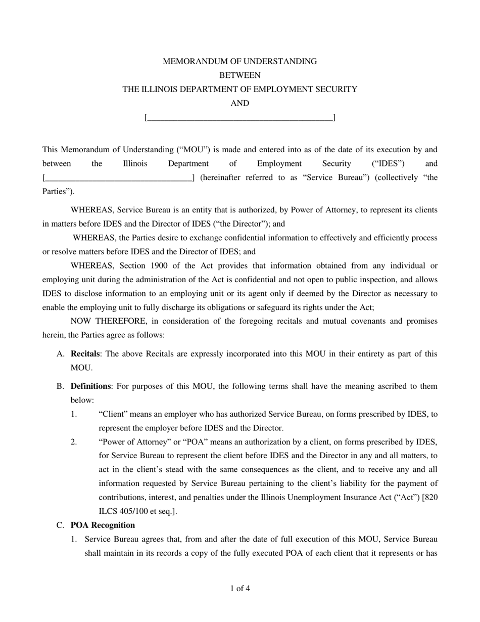 Memorandum of Understanding - Power of Attorney - Illinois, Page 1