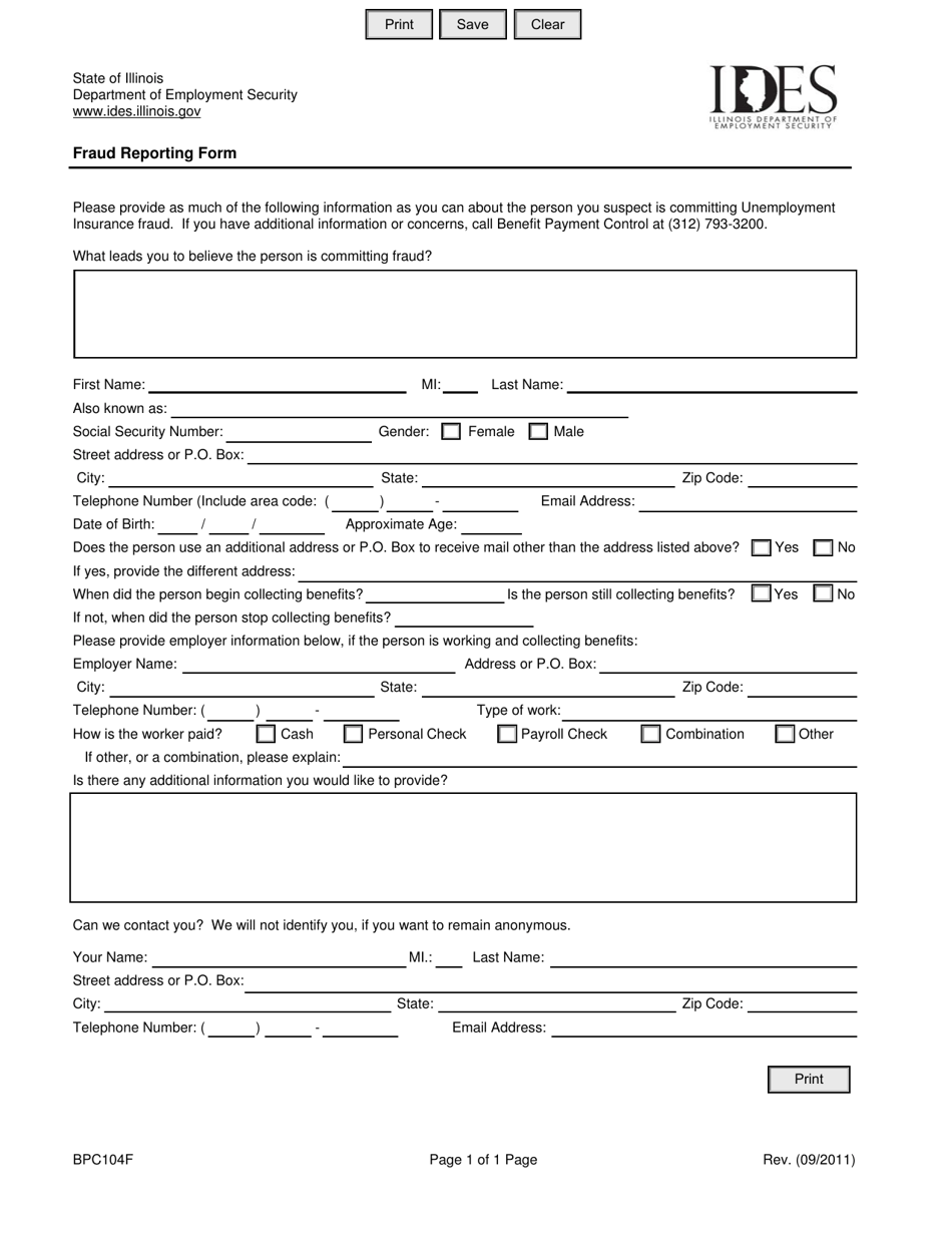 Form BPC104F Fraud Reporting Form - Illinois, Page 1