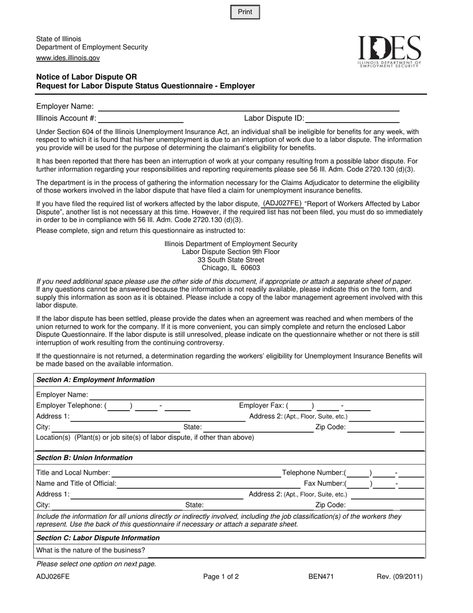Form ADJ026FE Notice of Labor Dispute or Request for Labor Dispute Status Questionnaire - Employer - Illinois, Page 1