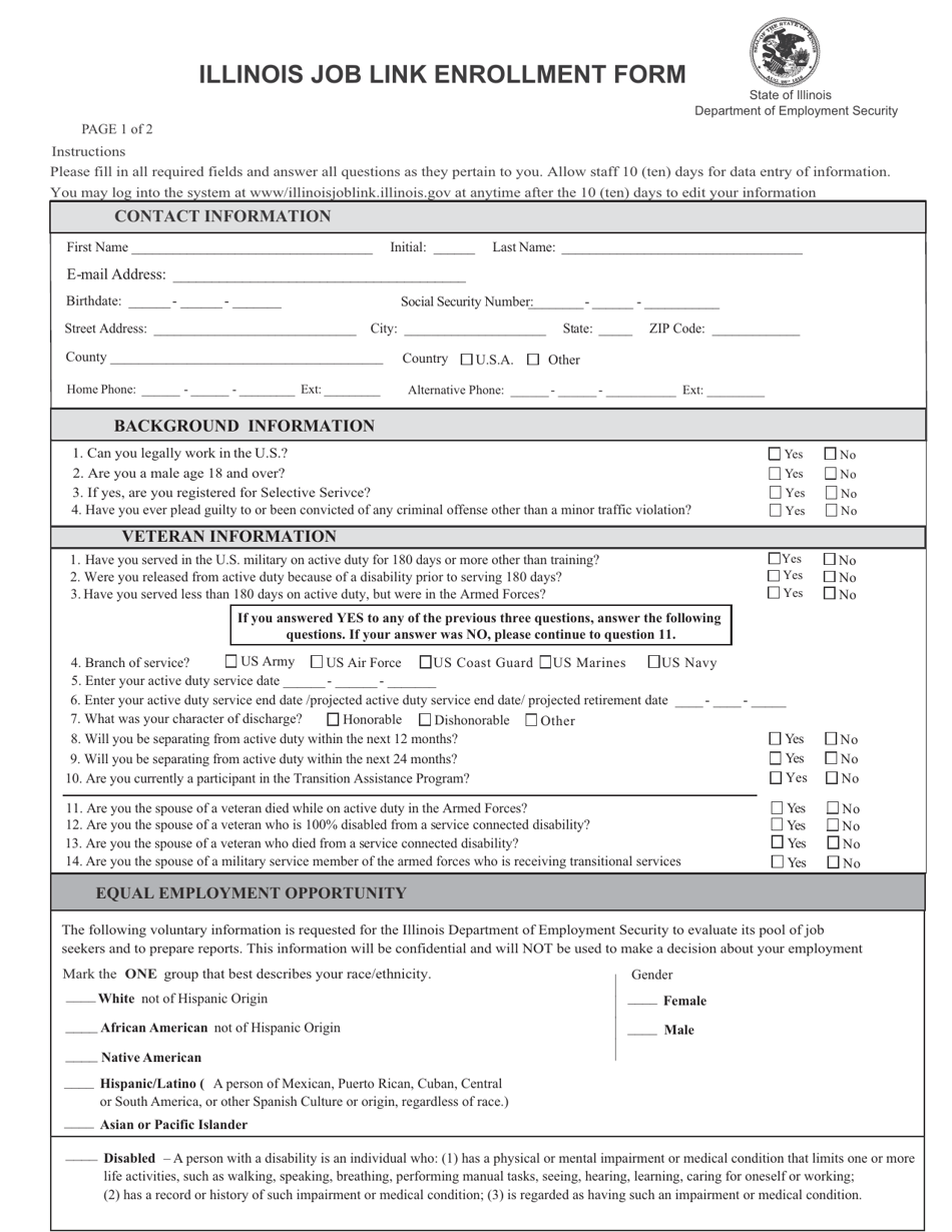 Illinois Joblink Enrollment Form - Illinois, Page 1