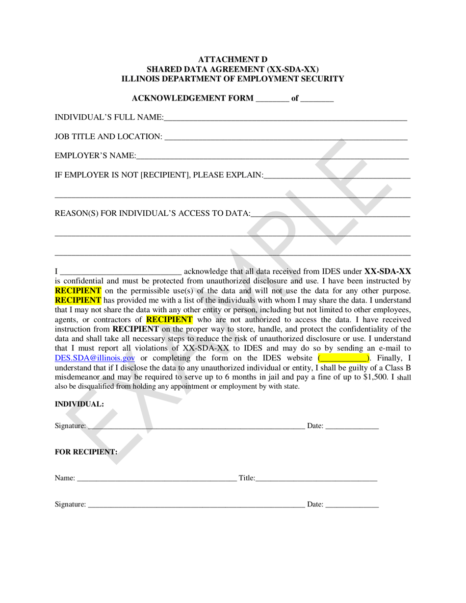 Attachment D Shared Data Agreement - Acknowledgement Form - Example - Illinois, Page 1