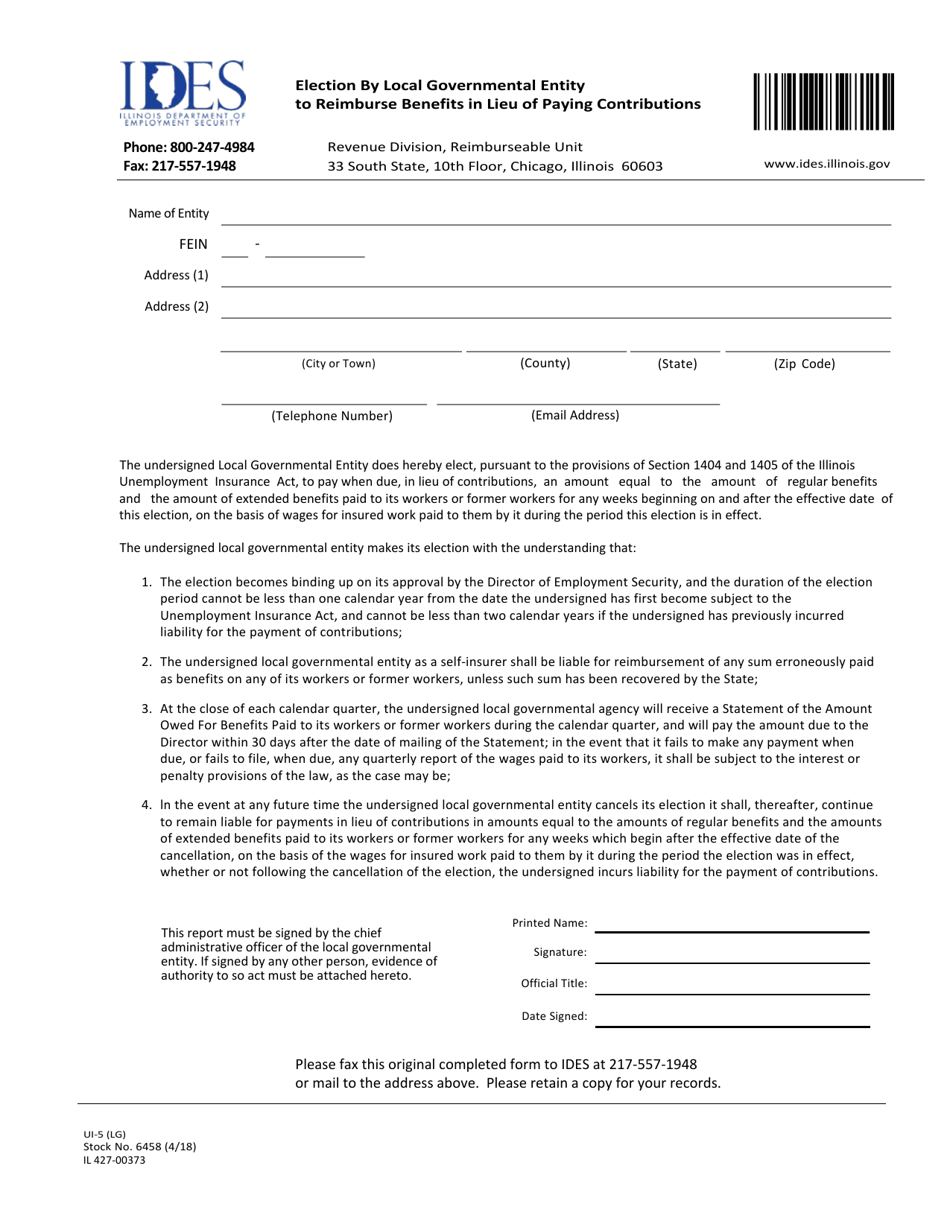 Form UI-5 (LG) (IL427-00373) Election by Local Governmental Entity to Reimburse Benefits in Lieu of Paying Contributions - Illinois, Page 1