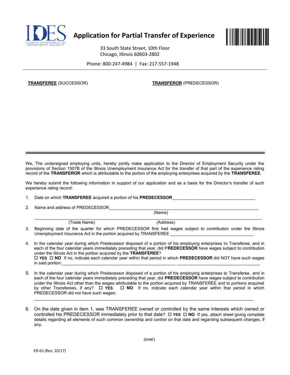 Form ER-65 Application for Partial Transfer of Experience - Illinois, Page 1