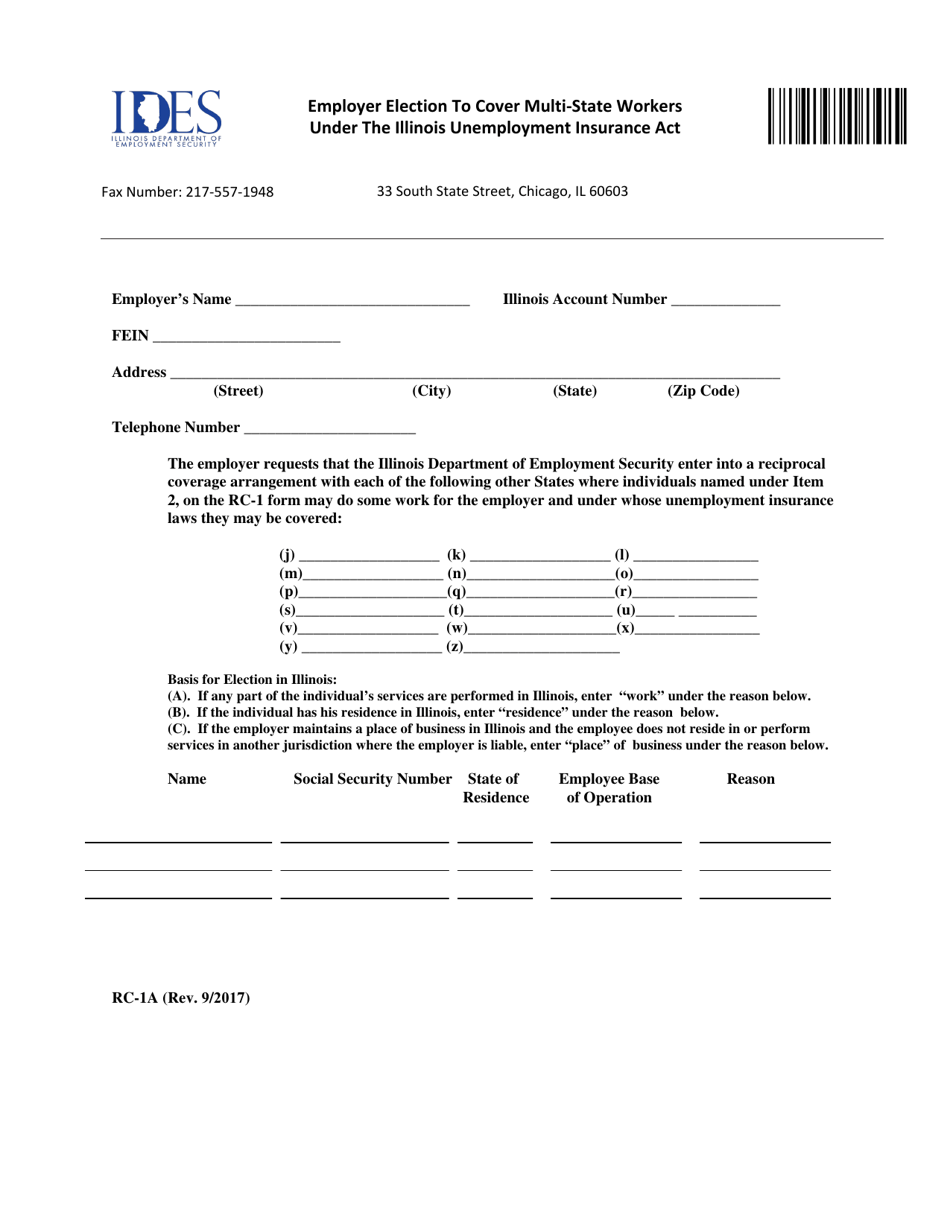 Form RC-1A Employer Election to Cover Multi-State Workers Under the Illinois Unemployment Insurance Act Continuation Sheet - Illinois, Page 1