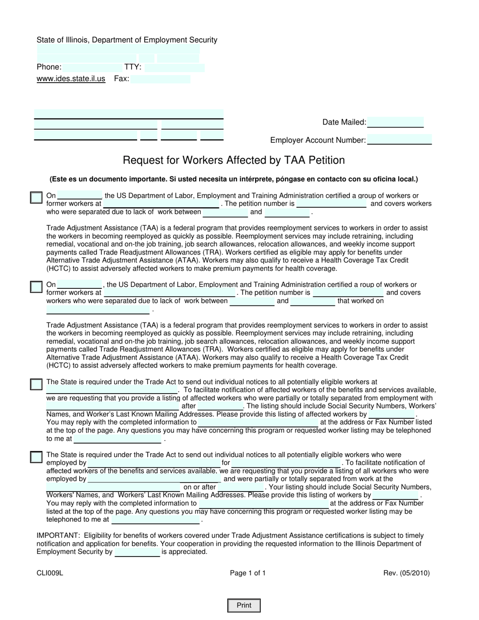 Form CLI009L Request for Workers Affected by Taa Petition - Illinois, Page 1