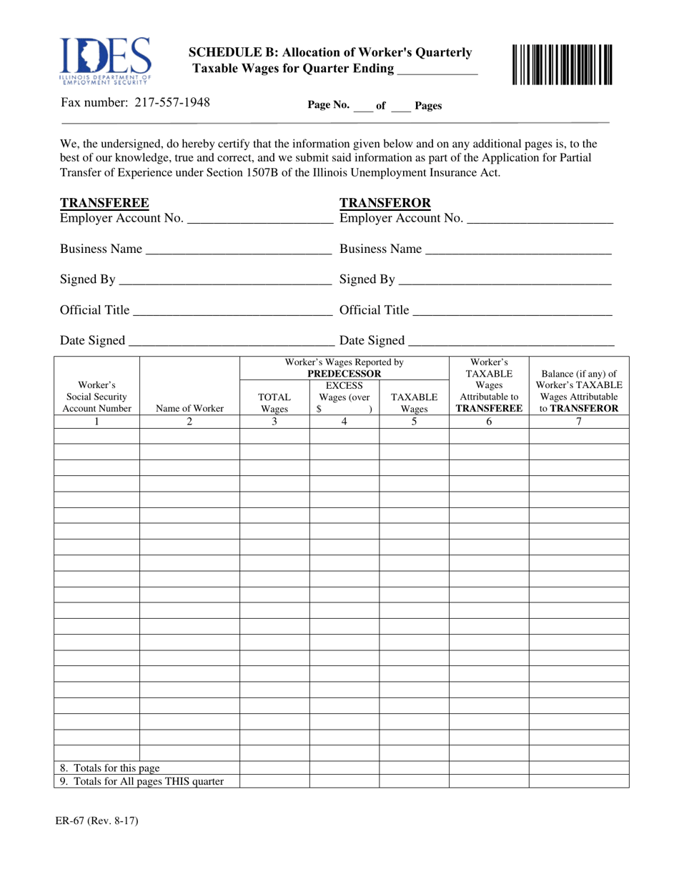 Form ER-67 Schedule B Allocation of Workers Quarterly Taxable Wages - Illinois, Page 1