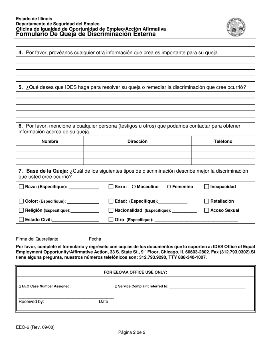 Formulario EEO-6 Formulario De Queja De Discriminacion Externa - Illinois (Spanish), Page 2