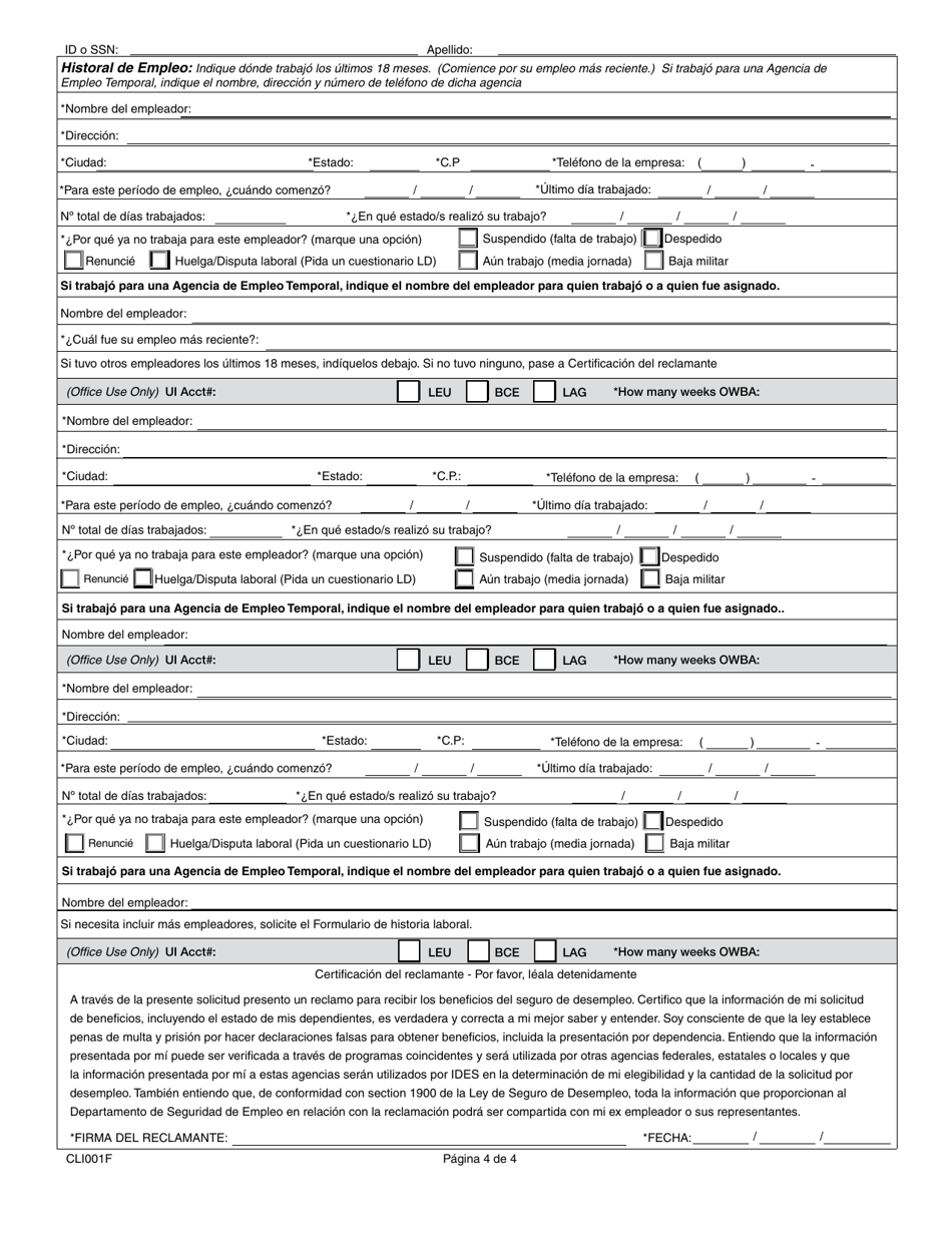 Formulario CLI001F Solicitud De Seguro De Desempleo - Illinois (Spanish), Page 4