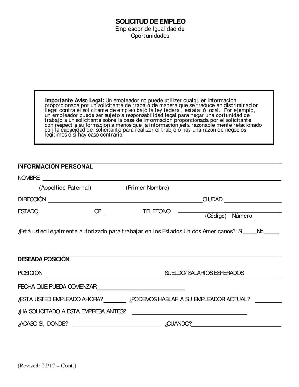 Solicitud De Empleo - Empleador De Igualidad De Oportunidades - Illinois (Spanish), Page 1