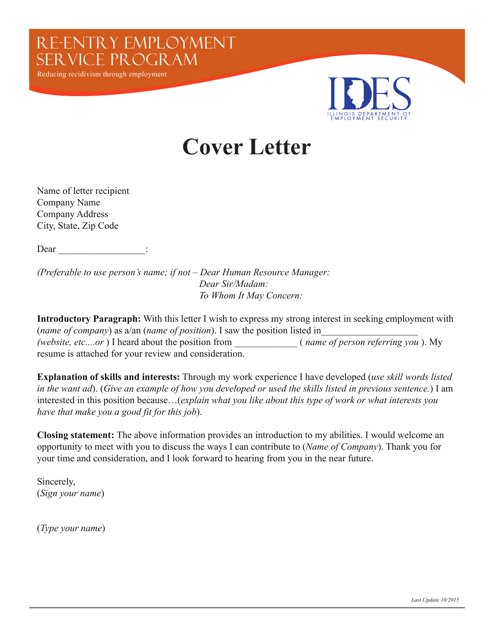 Cover Letter - Re-entry Employment Service Program - Illinois