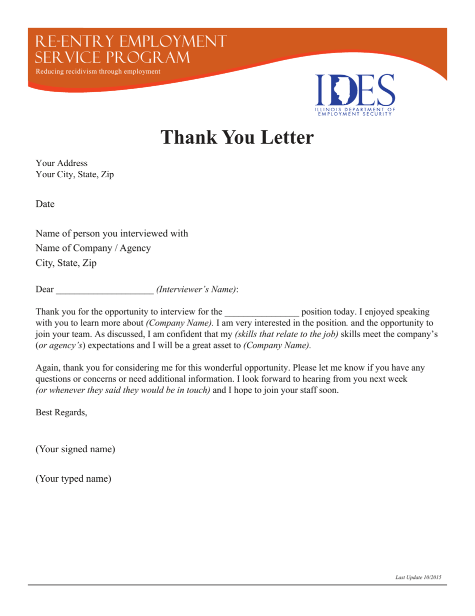 Thank You Letter - Re-entry Employment Service Program - Illinois, Page 1