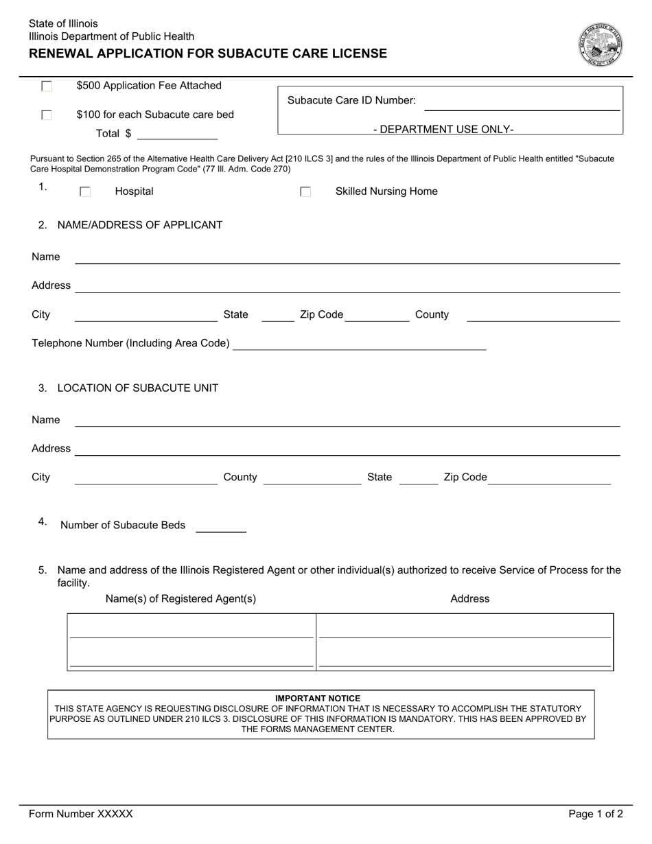 Renewal Application for Subacute Care License - Illinois, Page 1