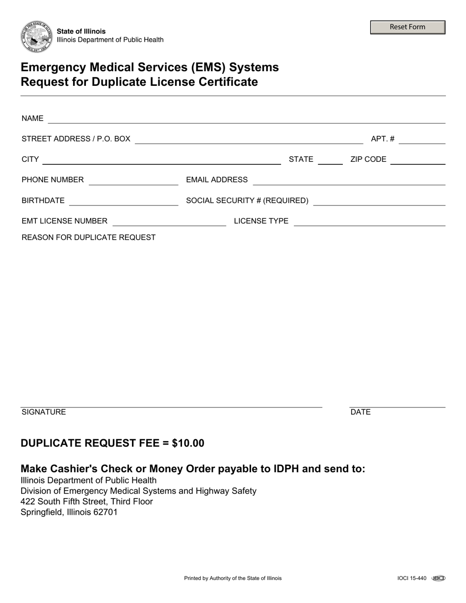 Emergency Medical Services (EMS) Systems Request for Duplicate License Certificate - Illinois, Page 1