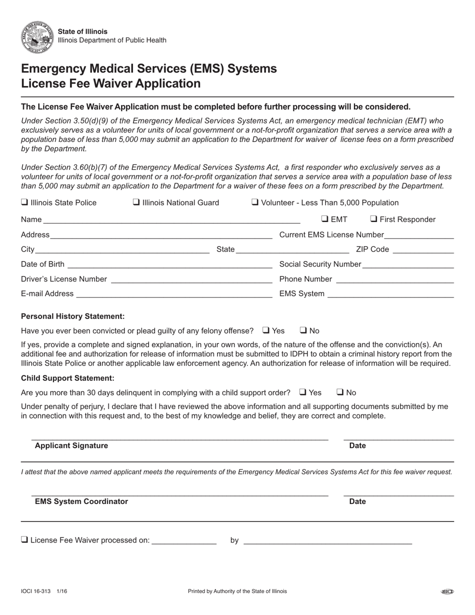 Emergency Medical Services (EMS) Systems License Fee Waiver Application - Illinois, Page 1