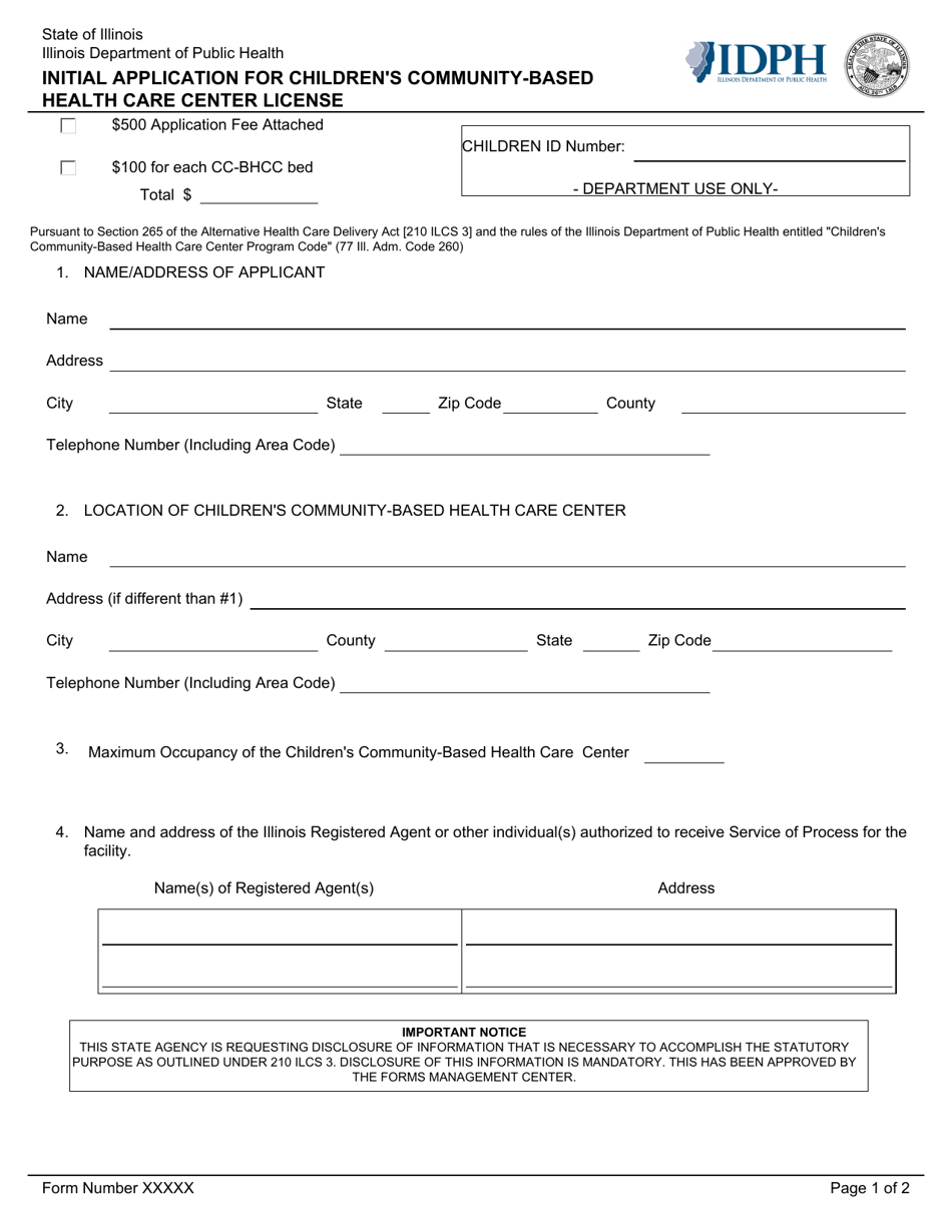 Initial Application for Childrens Community-Based Health Care Center License - Illinois, Page 1