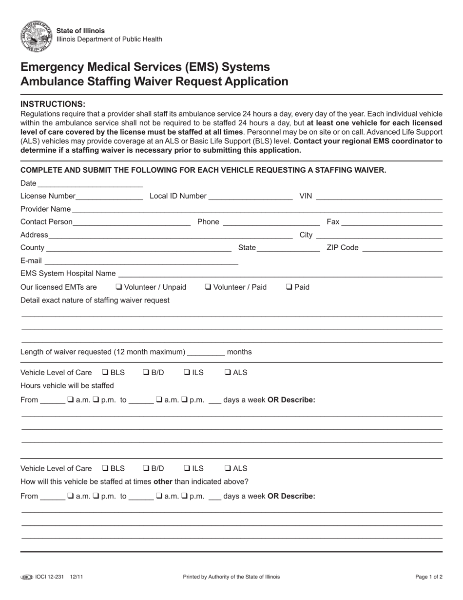 EMS Ambulance Staffing Waiver Request Application - Illinois, Page 1