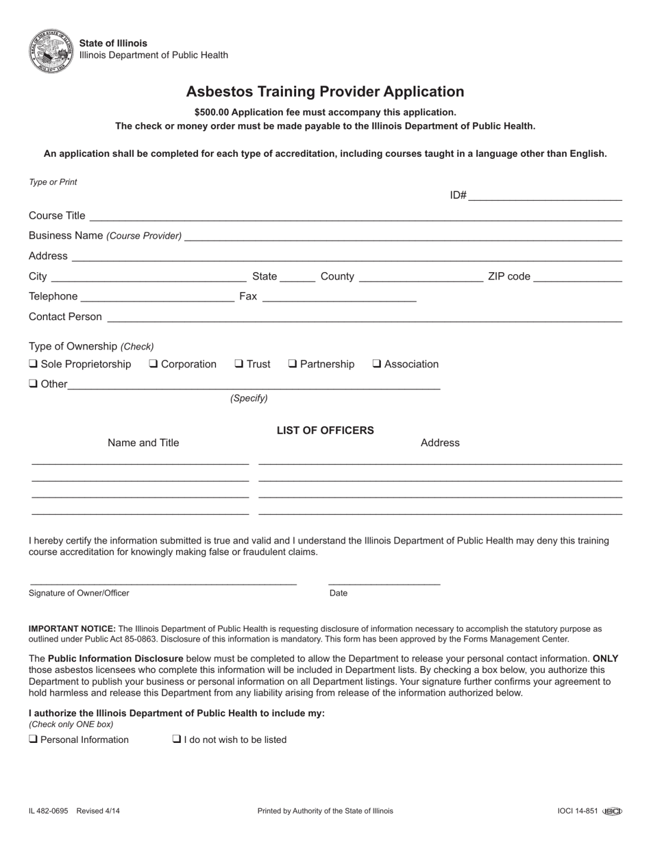 Form IL482-0695 Asbestos Training Provider Application - Illinois, Page 1