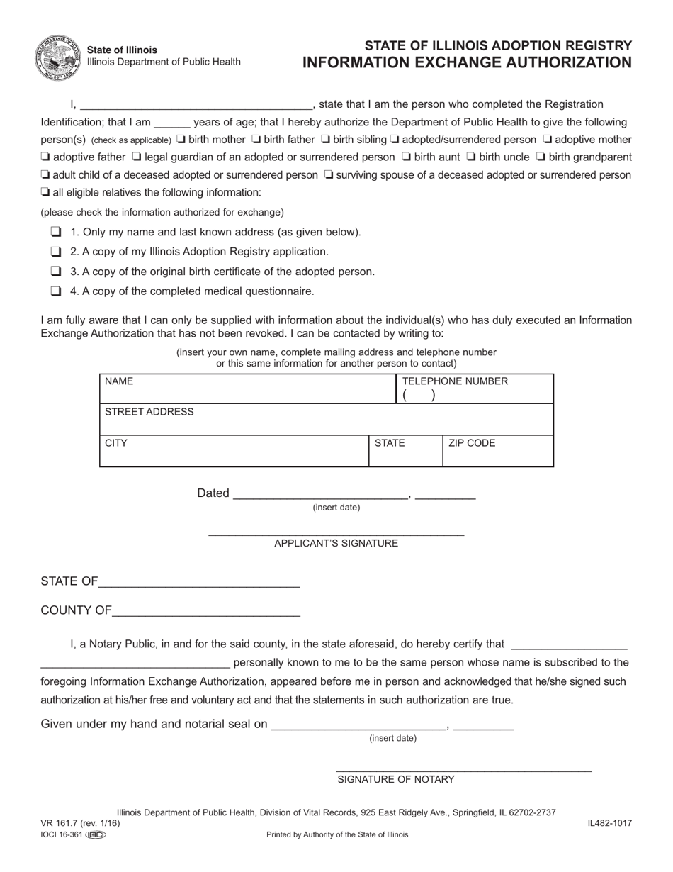 Form VR161.7 (IL482-1017) Adoption Registry Information Exchange Authorization - Illinois, Page 1