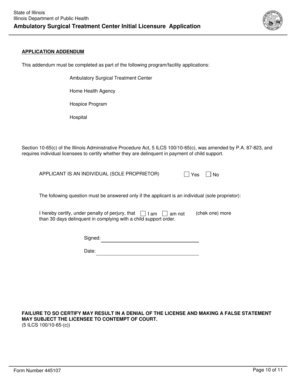 Form 445107 Ambulatory Surgical Treatment Center Initial Licensure Application - Illinois, Page 10
