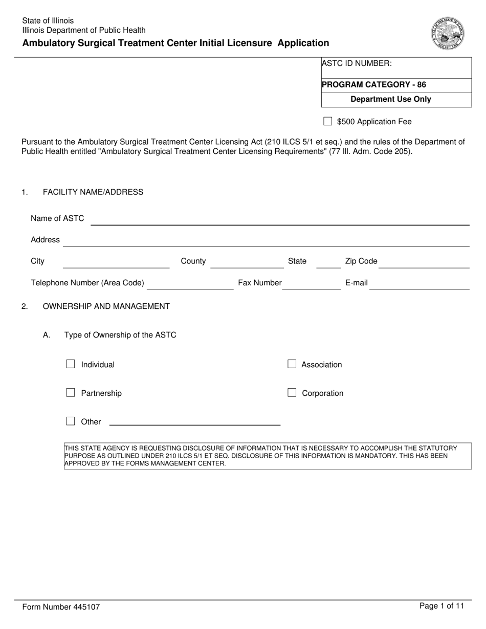Form 445107 Ambulatory Surgical Treatment Center Initial Licensure Application - Illinois, Page 1