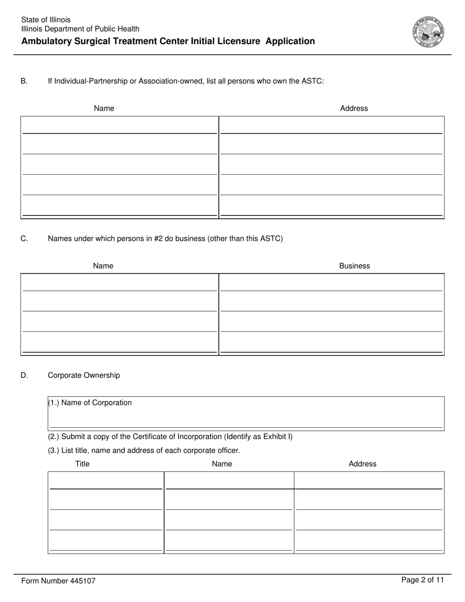 Form 445107 Ambulatory Surgical Treatment Center Initial Licensure Application - Illinois, Page 2