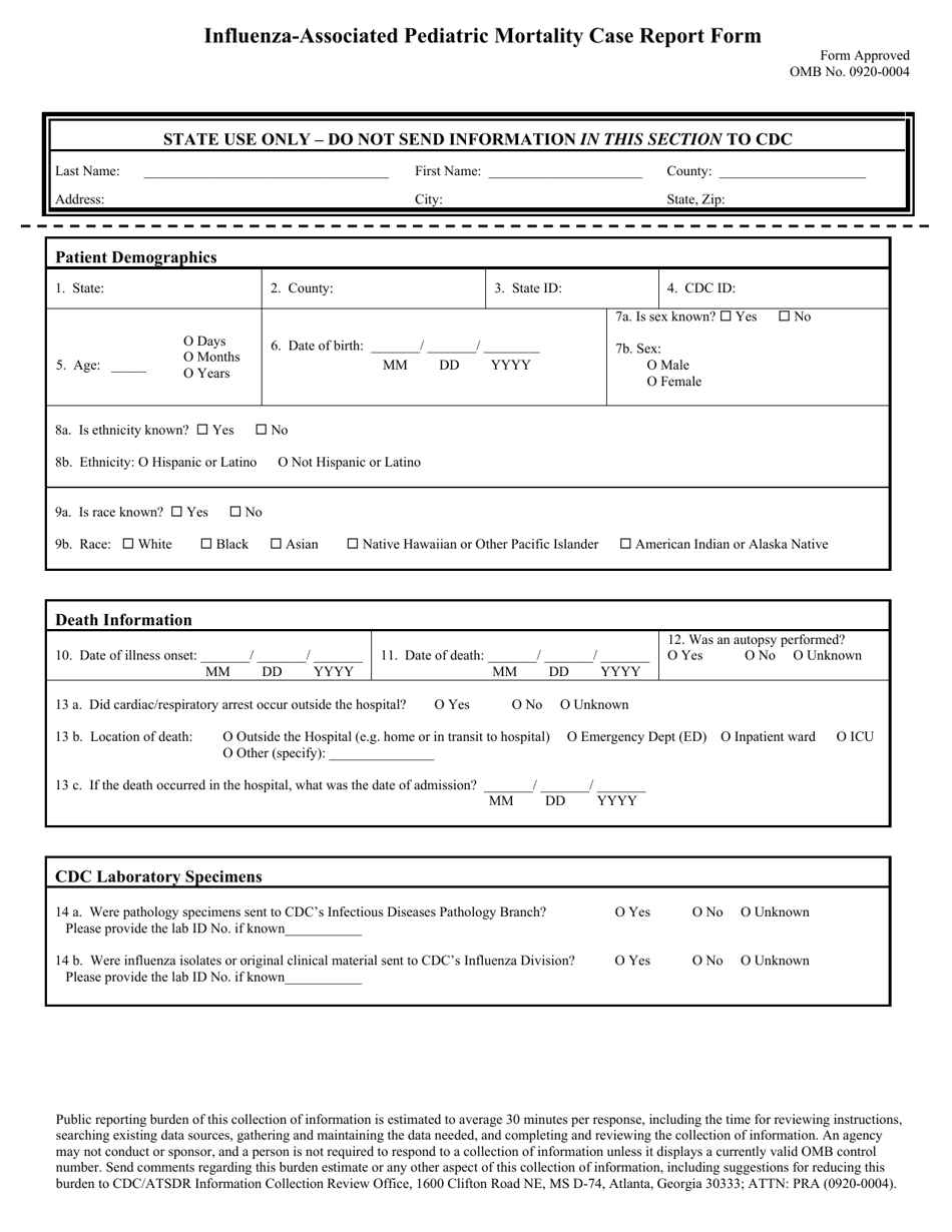 Influenza-Associated Pediatric Mortality Case Report Form, Page 1
