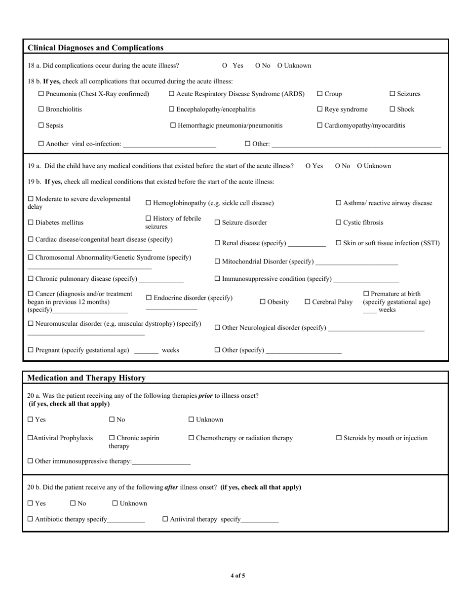 Influenza-Associated Pediatric Mortality Case Report Form, Page 4