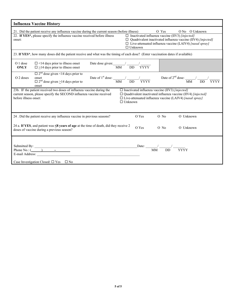 Influenza-Associated Pediatric Mortality Case Report Form, Page 5