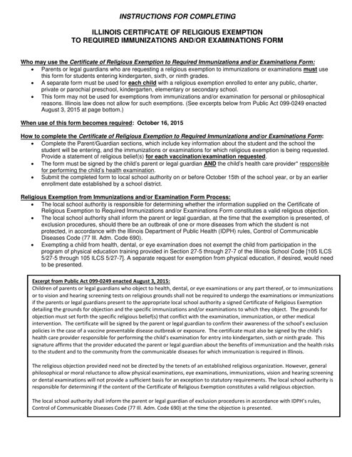Illinois Certificate of Religious Exemption to Required Immunizations and / or Examinations Form - Illinois Download Pdf