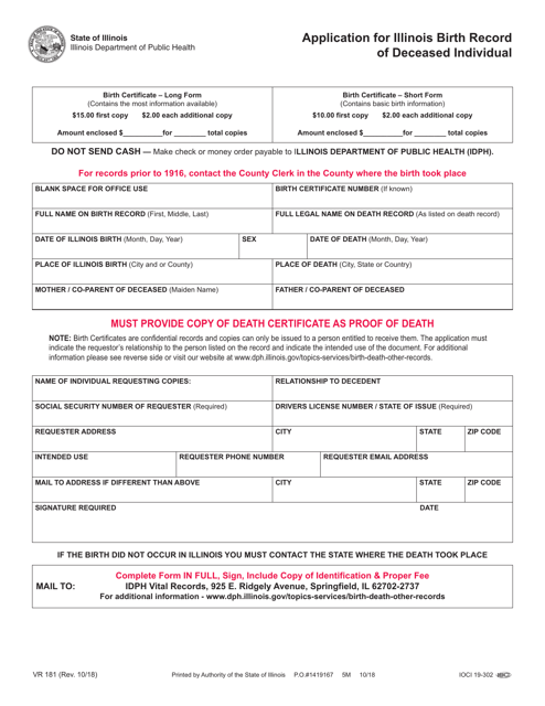Form VR181 Application for Illinois Birth Record of Deceased Individual - Illinois