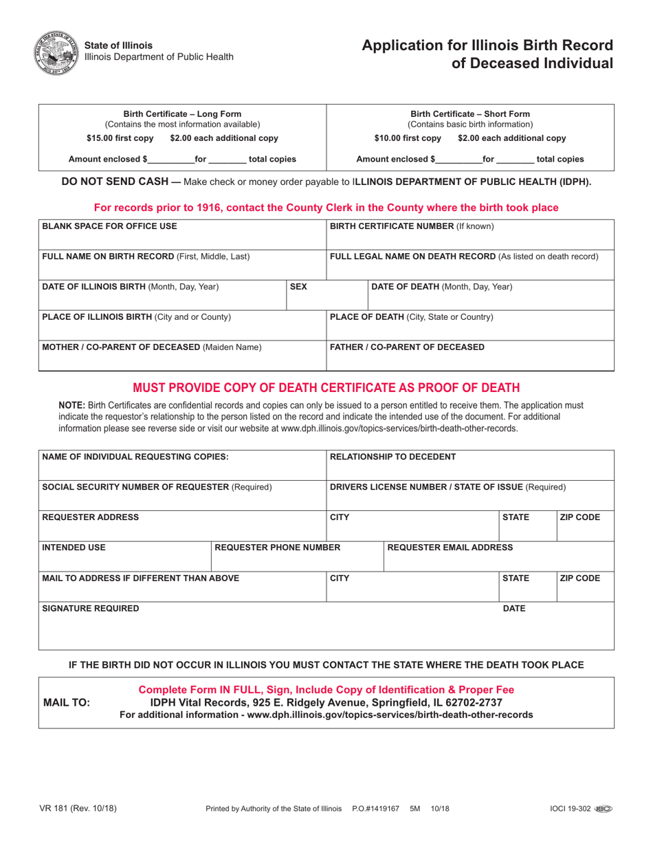 Form VR181 Application for Illinois Birth Record of Deceased Individual - Illinois, Page 1