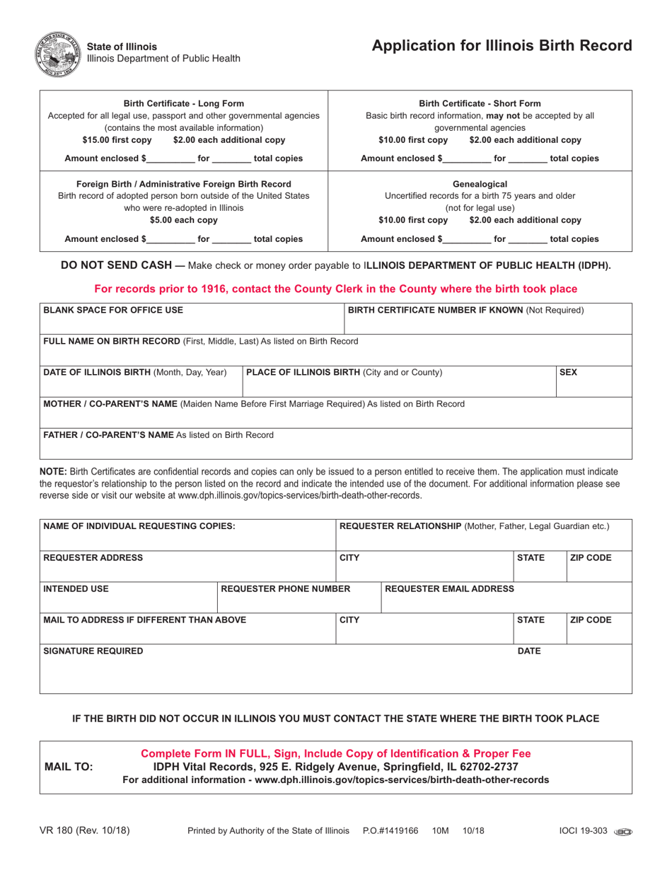 Form VR180 Application for Illinois Birth Record - Illinois, Page 1