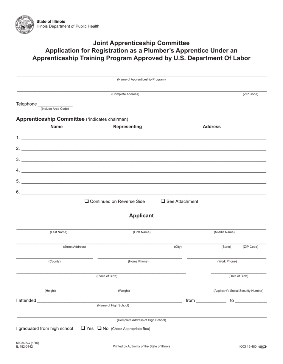 Form 5003 / JAC (IL482-0142) Application for Registration as a Plumbers Apprentice Under an Apprenticeship Training Program Approved by U.S. Department of Labor - Illinois, Page 1