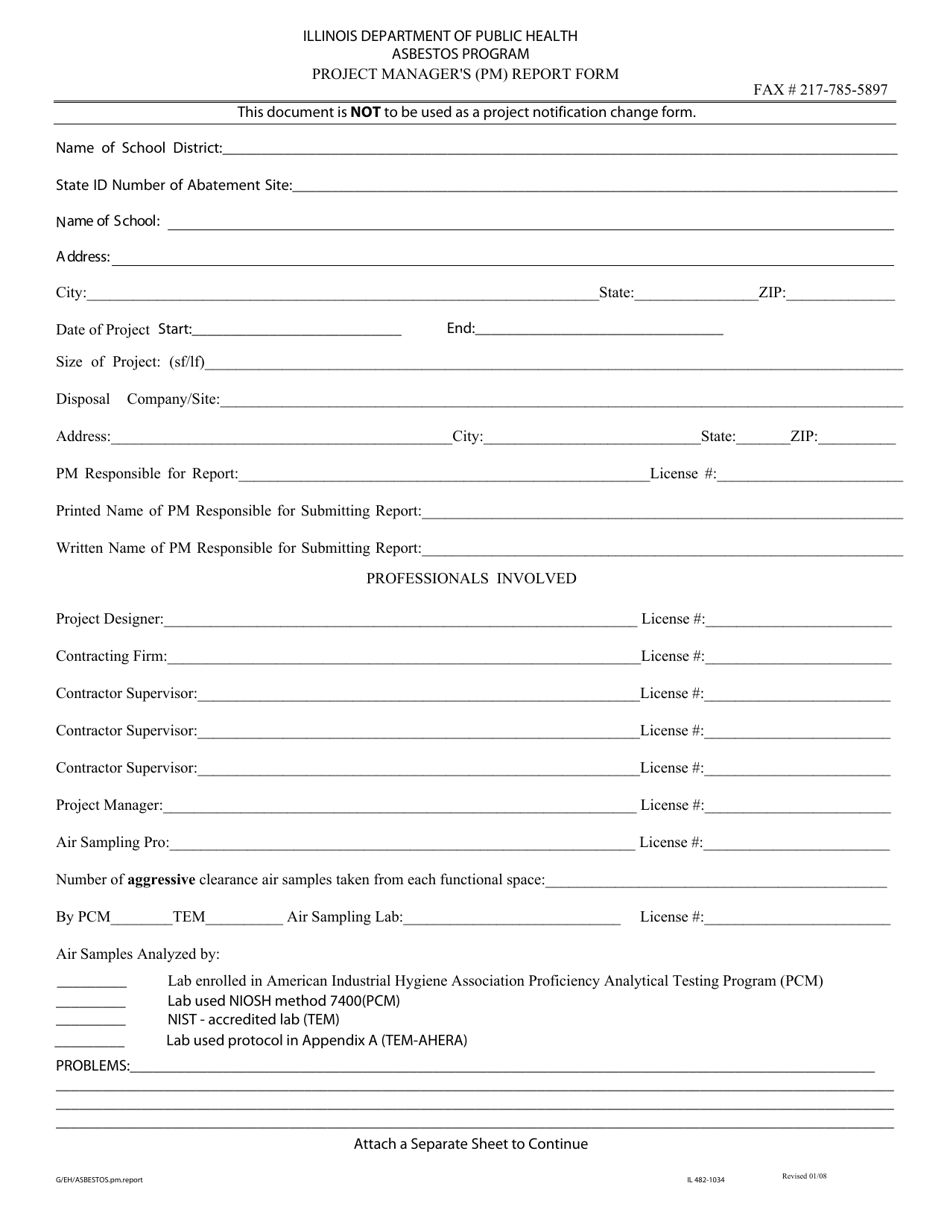 Form IL482-1034 Project Managers (Pm) Report Form - Illinois, Page 1