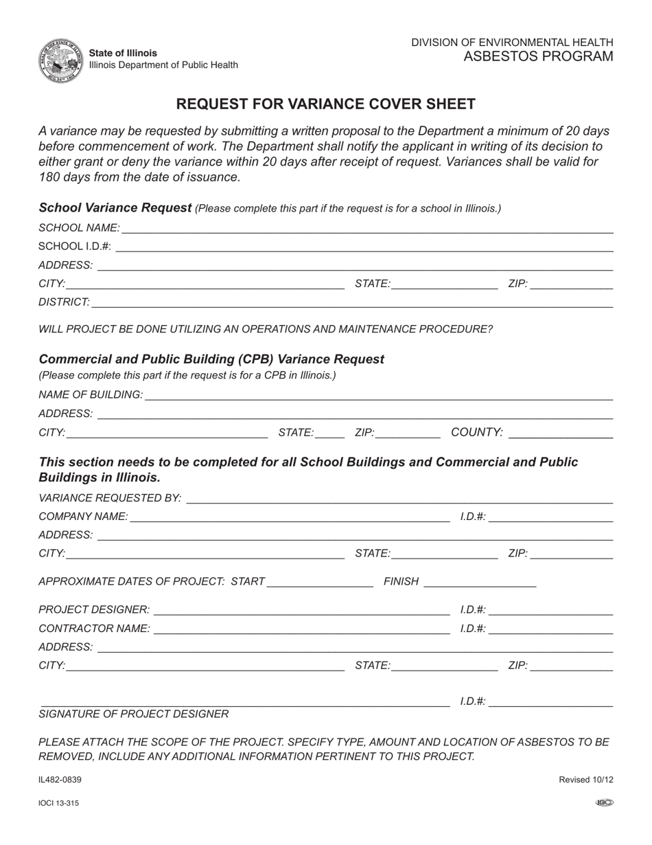 Form IL482-0839 Request for Variance Cover Sheet - Illinois, Page 1