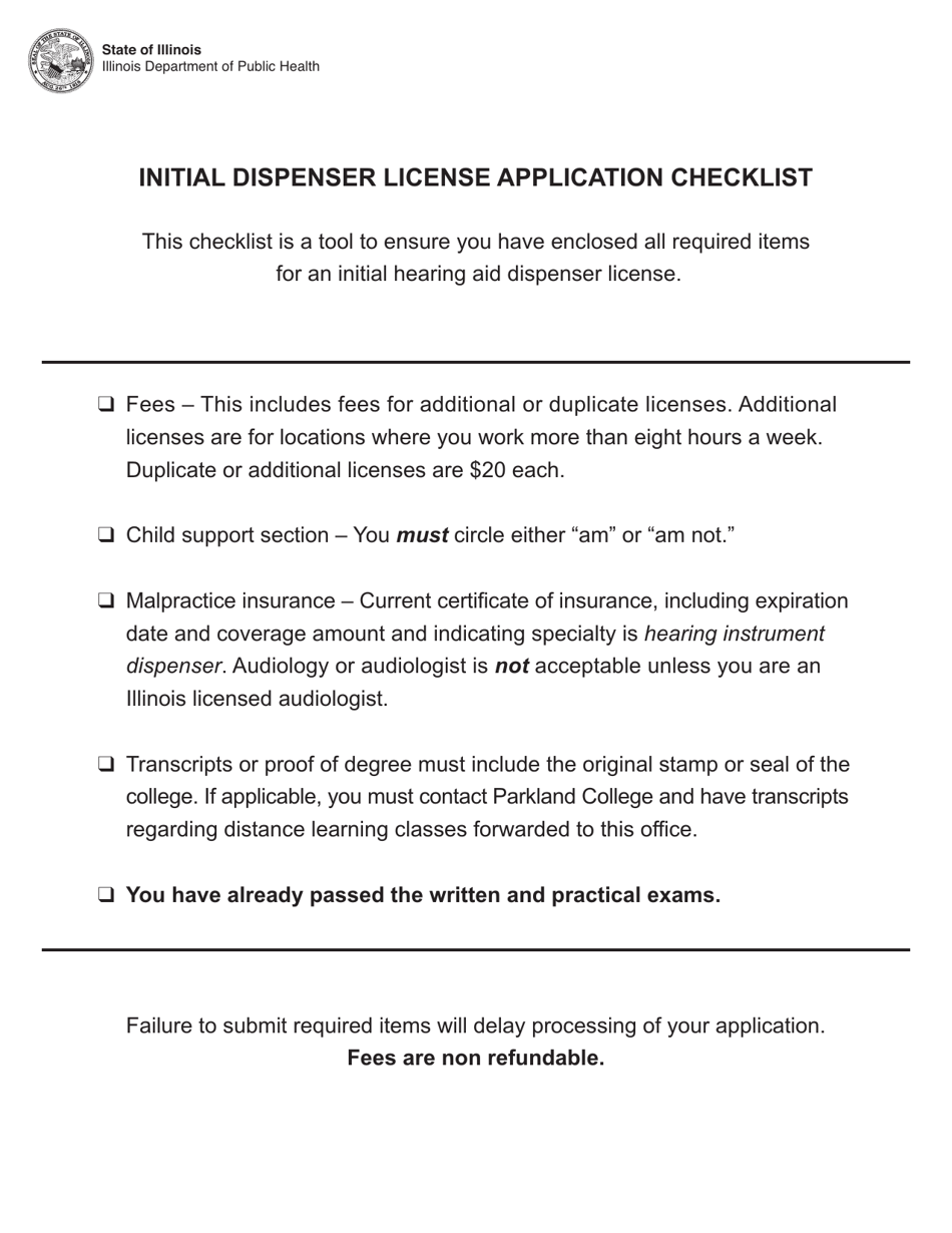 Dispenser License Application - Hearing Instrument Consumer Protection Program - Illinois, Page 1