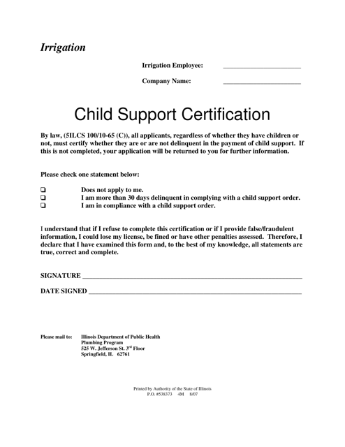 Child Support Certification - Irrigation - Illinois Download Pdf